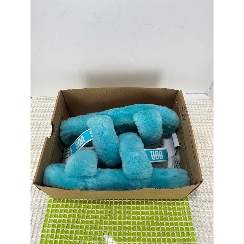 UGG Turquoise Blue Sheepskin Double Strap Slide Sandals Kids Size 4 - Picture 10 of 11
